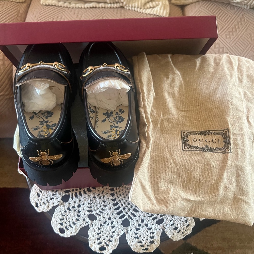 Gucci Black Loafers with Gold Bee Accent